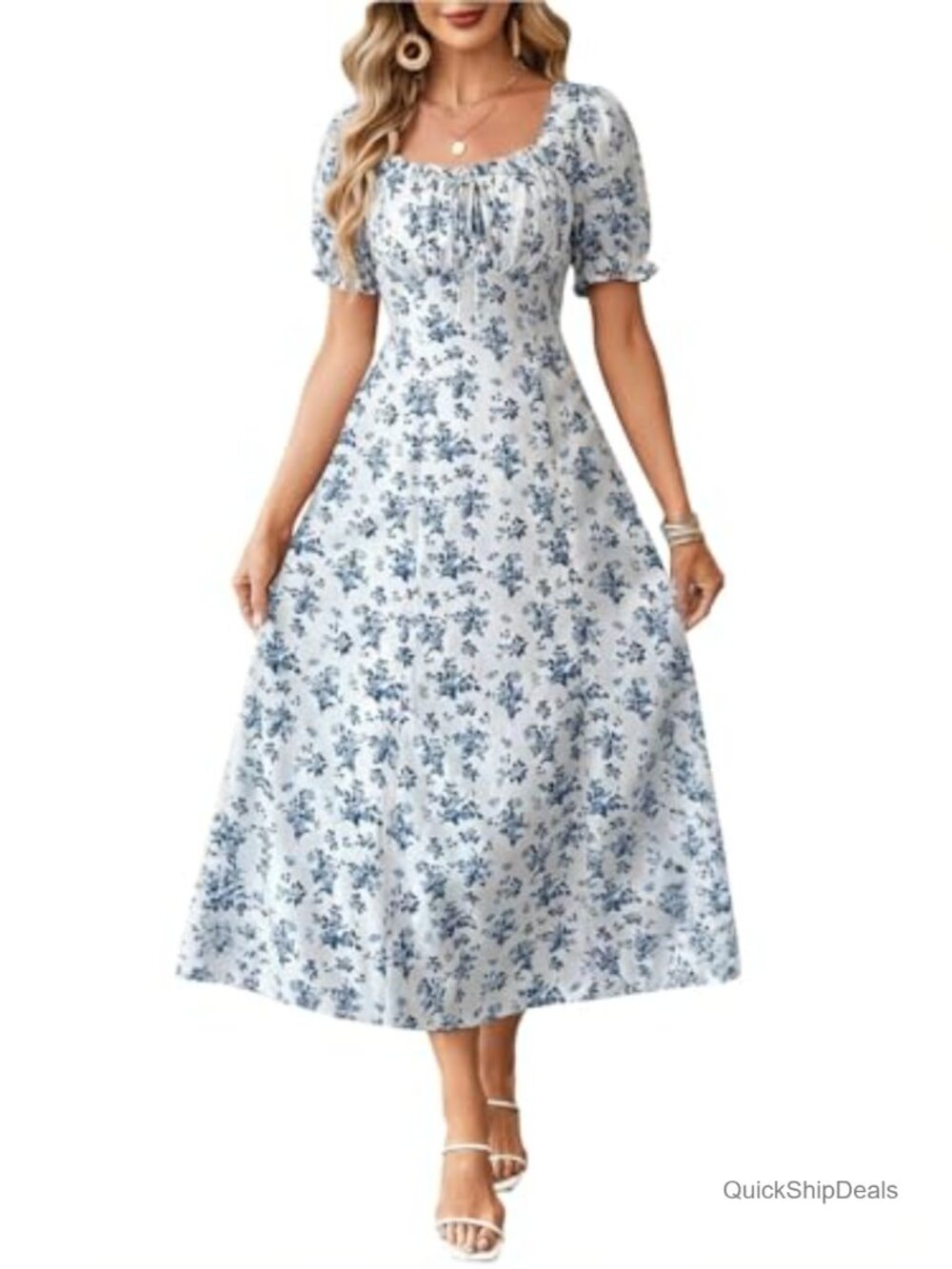 Boho Floral Flowy Maxi Dress Puff Sleeve Milkmaid Ruched Bust Summer